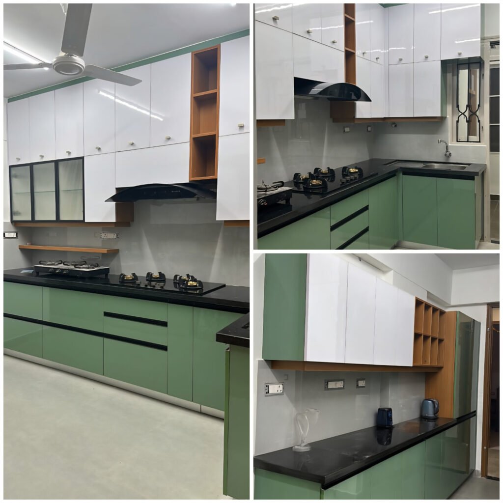 Trendy Green and White Kitchen Design in Gurugram